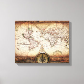 Alte Weltkarte und kompass ummantelte Canvas Leinwanddruck