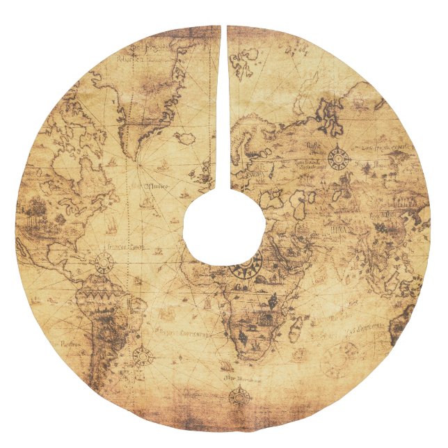 Alte Weltkarte: Vintages festgehaltenes Pergament Polyester Weihnachtsbaumdecke (Vorderseite)