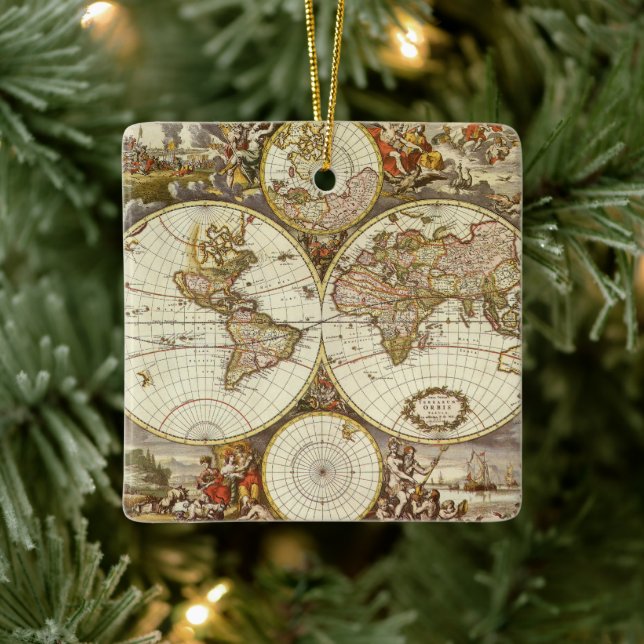 Alte Weltkarte von Frederick de Wit, c. 1680 Keramikornament (Baum)