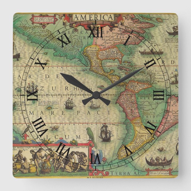 Alte Weltkarte von Hondius für Amerika Quadratische Wanduhr (Vorderseite)