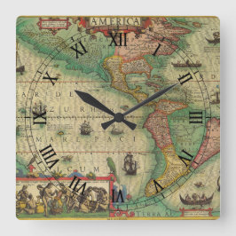 Alte Weltkarte von Hondius für Amerika Quadratische Wanduhr