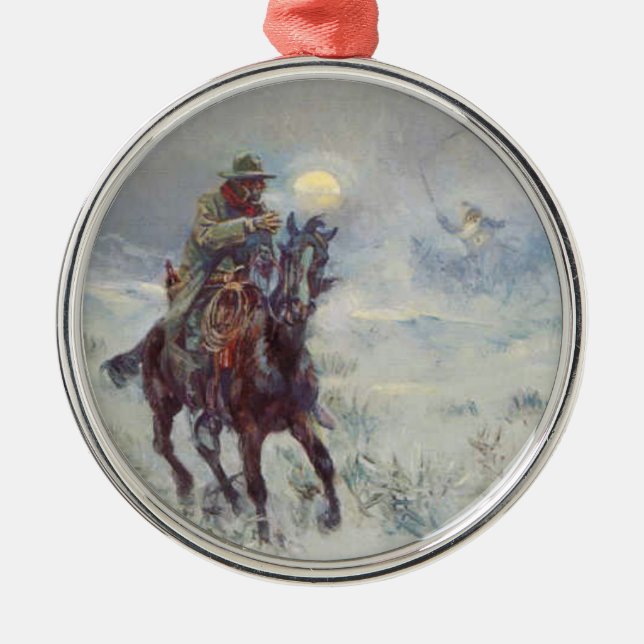 Alte Westweihnachtsverzierung cowboy See Sankt Silbernes Ornament (Vorne)