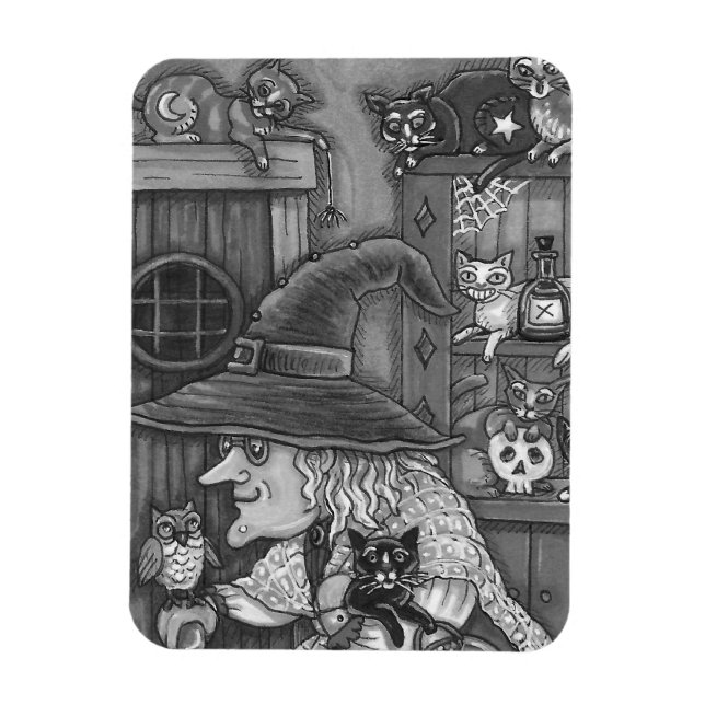 ALTE WITCH HAPPY ZUHAUSE, CATS & OWL BLK/WHEN HALL MAGNET (Vertikal)