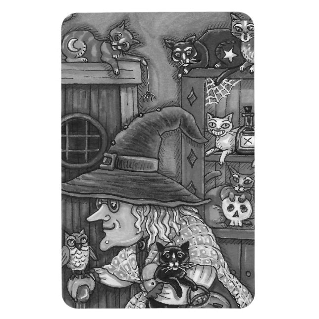 ALTE WITCH HAPPY ZUHAUSE, CATS & OWL BLK/WHEN HALL MAGNET (Vertikal)