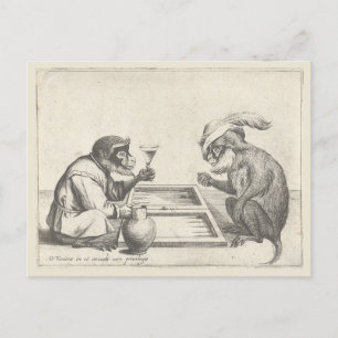 Alte Zeichnung von Affen, die Backgammon spielen Postkarte