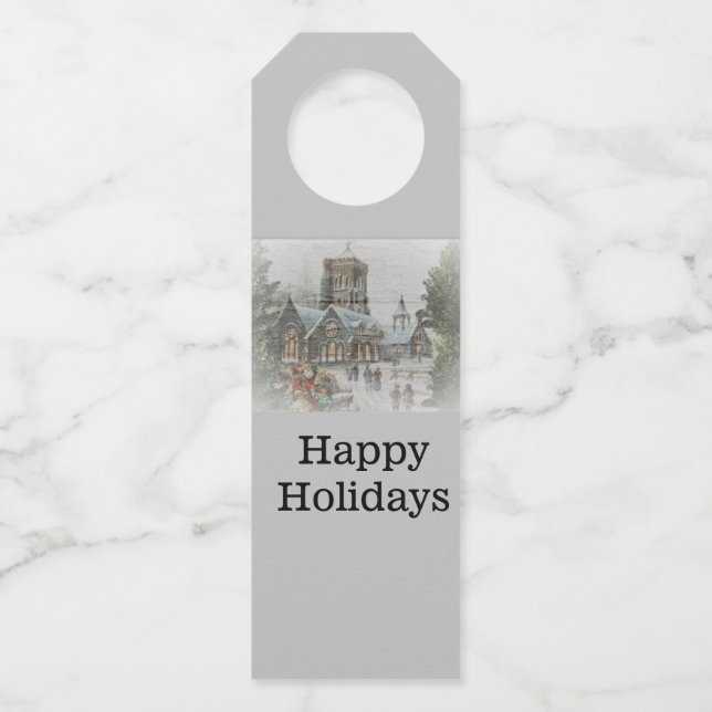 Alte Zeit Santa mit Kindern vor einer Kirche Flaschenanhänger (Vorderseite)