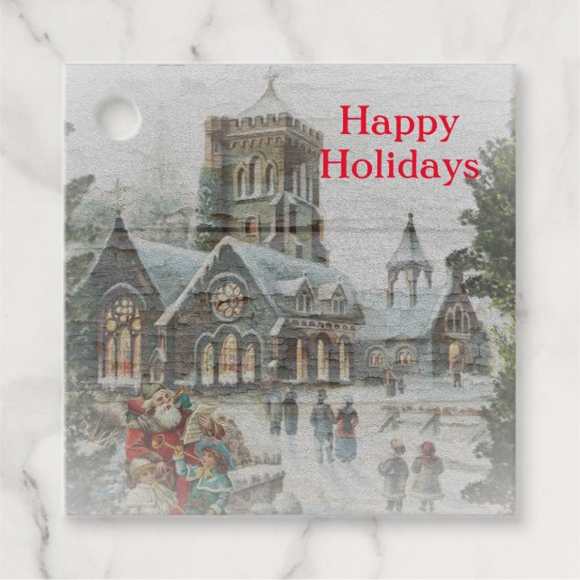 Alte Zeit Santa mit Kindern vor einer Kirche Geschenkanhänger (Vorderseite)