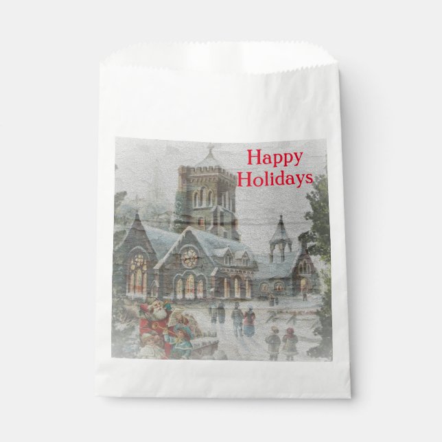 Alte Zeit Santa mit Kindern vor einer Kirche Geschenktütchen (Vorderseite)
