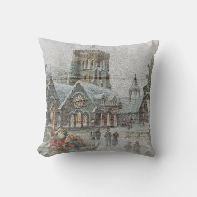 Alte Zeit Santa mit Kindern vor einer Kirche Kissen (Vorderseite)