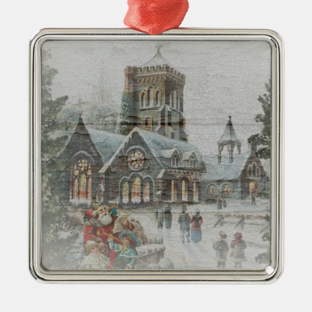 Alte Zeit Santa mit Kindern vor einer Kirche Ornament Aus Metall (Vorne)