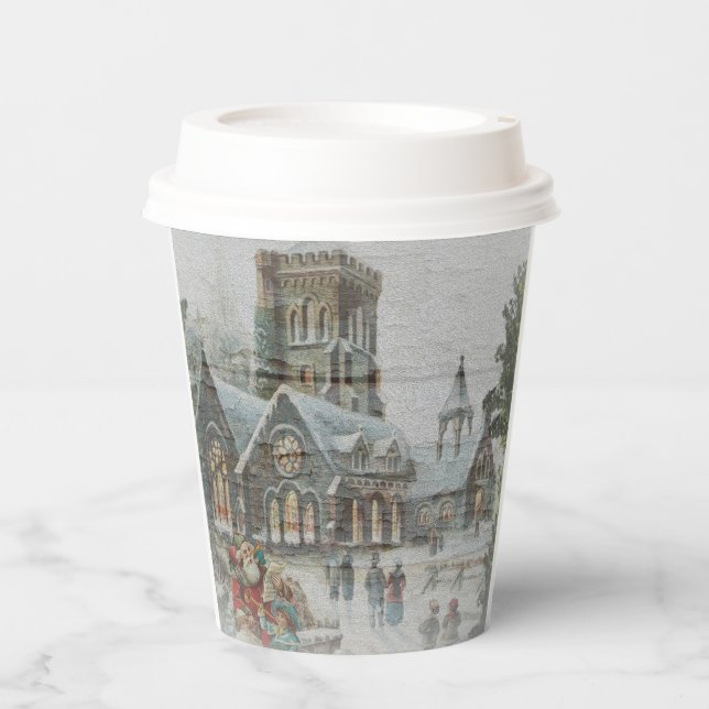 Alte Zeit Santa mit Kindern vor einer Kirche Pappbecher (Vorderseite)