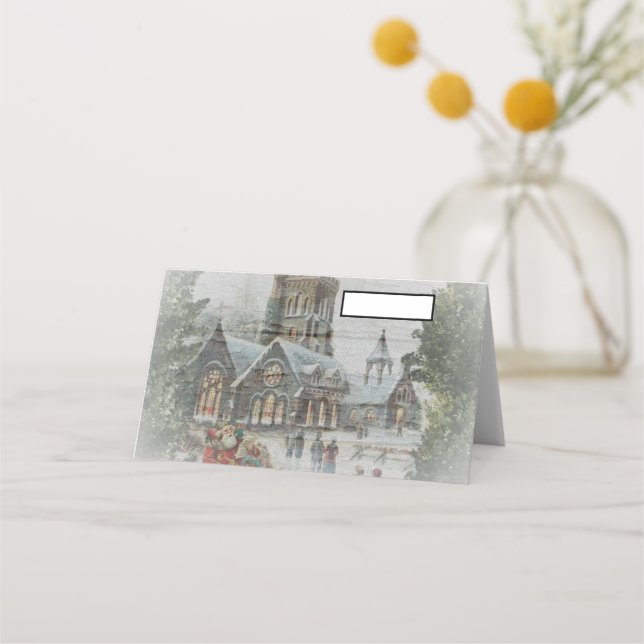 Alte Zeit Santa mit Kindern vor einer Kirche Platzkarte (Vorderseite)