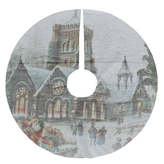 Alte Zeit Santa mit Kindern vor einer Kirche Polyester Weihnachtsbaumdecke (Vorderseite)