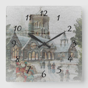 Alte Zeit Santa mit Kindern vor einer Kirche Quadratische Wanduhr