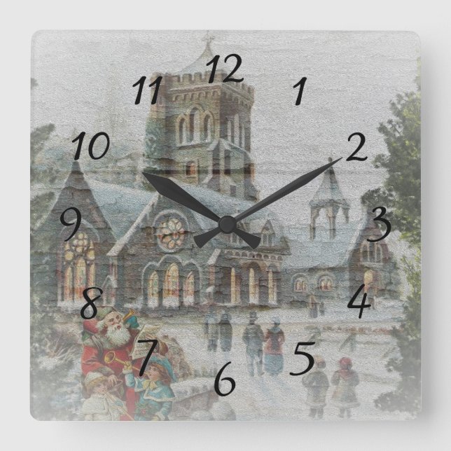 Alte Zeit Santa mit Kindern vor einer Kirche Quadratische Wanduhr (Vorderseite)