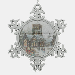 Alte Zeit Santa mit Kindern vor einer Kirche Schneeflocken Zinn-Ornament