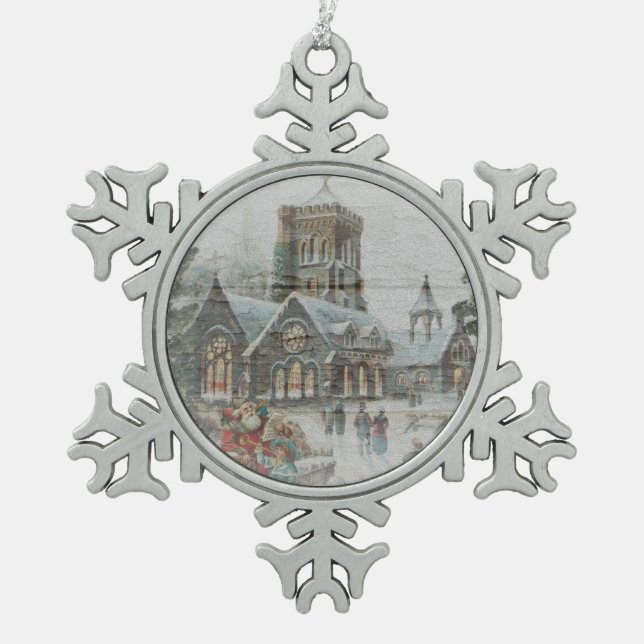 Alte Zeit Santa mit Kindern vor einer Kirche Schneeflocken Zinn-Ornament (Vorderseite)