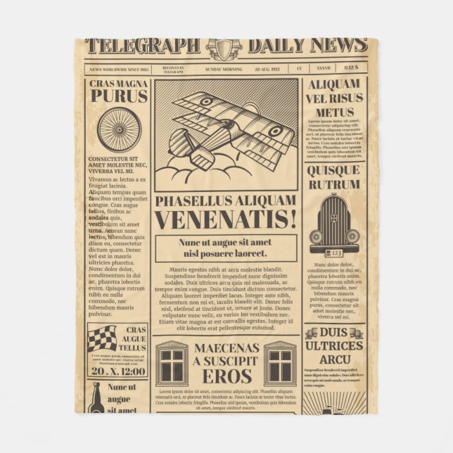 Alte Zeitung Vintag. Retro-Zeitungspapier mit Text Fleecedecke (Vorderseite)