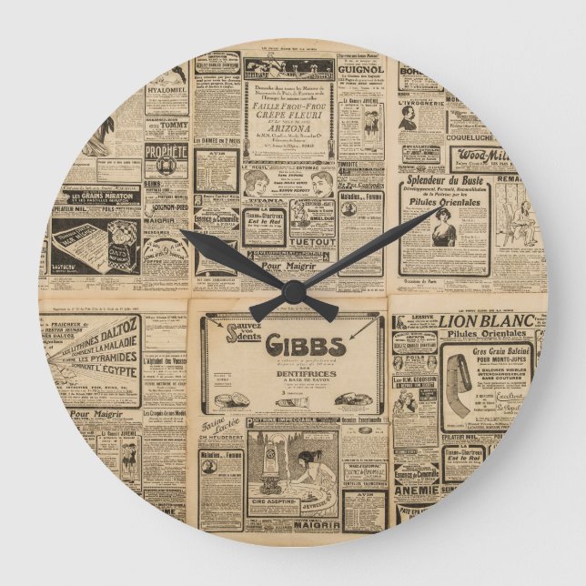 Alte Zeitung: Vintager Hintergrund. Große Wanduhr (Vorderseite)