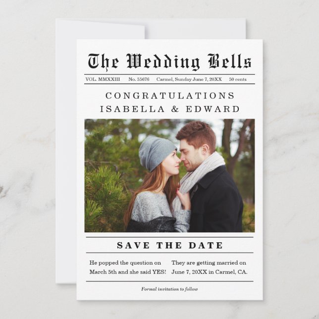 Alte Zeitungsstil-Hochzeit Save the Date QR-Code (Vorderseite)