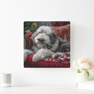 Altenglischer Schäferhund Weihnachten Festlich Quadratische Wanduhr