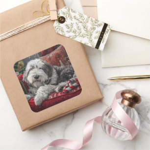 Altenglischer Schäferhund Weihnachten Festlich Quadratischer Aufkleber