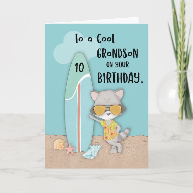 Alter 10 Grandson Birthday Beach Funny Cool Raccoo Karte (Vorderseite)