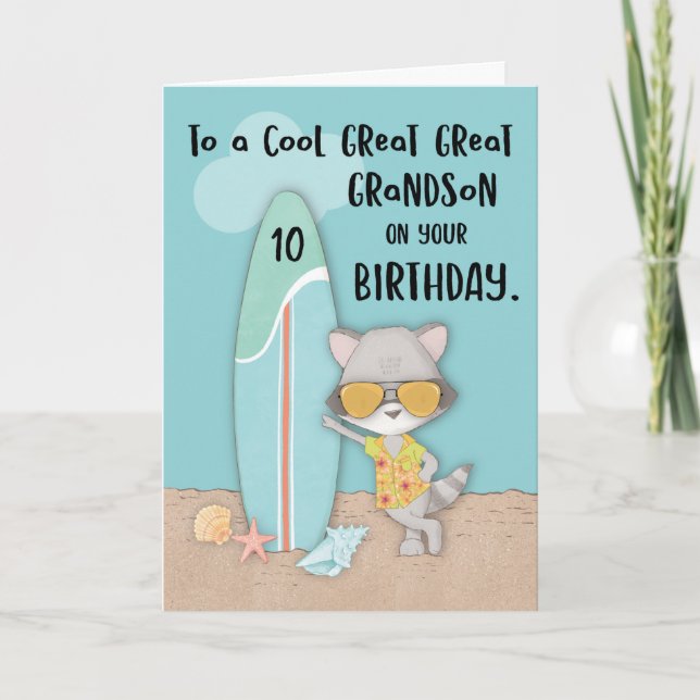 Alter 10 Great Grandson Birthday Beach Raccoon Karte (Vorderseite)