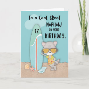 Alter 12 Great Nephew Birthday Beach Funny Raccoon Karte