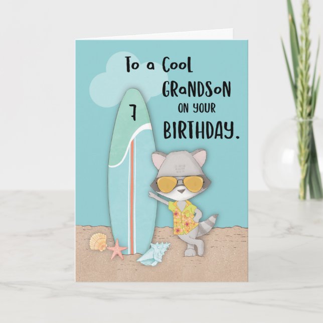 Alter 7 Grandson Birthday Beach Funny Cool Raccoon Karte (Vorderseite)