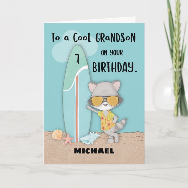 Alter 7 Grandson Birthday Beach Funny Cool Raccoon Karte (Vorderseite)
