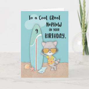 Alter 9 Great Nephew Birthday Beach Funny Raccoon Karte