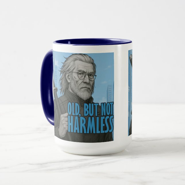 Alter, aber nicht harmloser Cyberpunk-Samurai-Bech Tasse (Vorderseite Links)