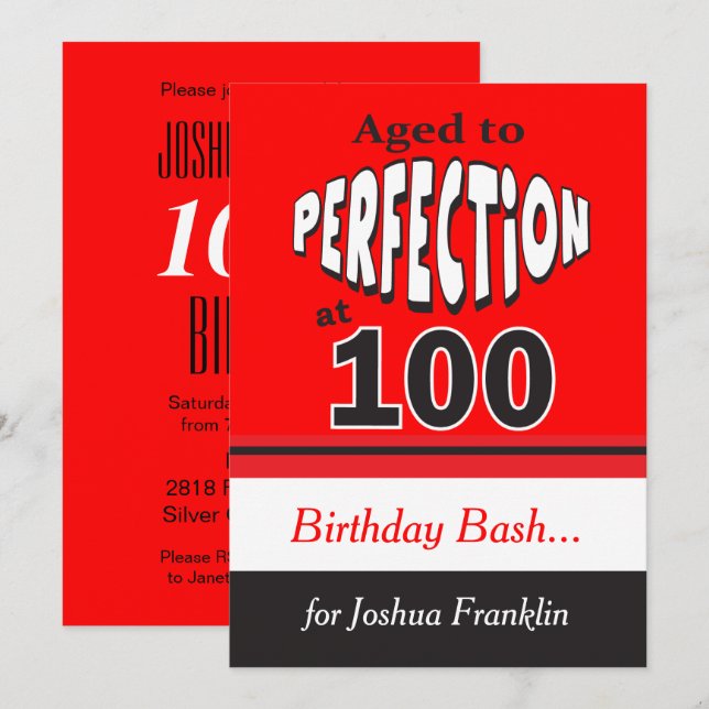 Alter bis Perfektion bei 100 | 100. Geburtstag Einladung (Vorne/Hinten)