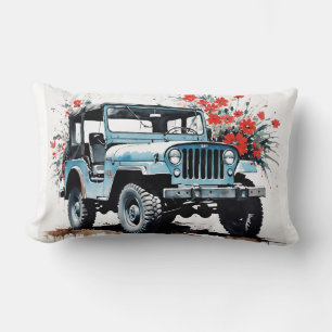 Alter Blaue Vintage-Geländewagen mit Blumen Lendenkissen
