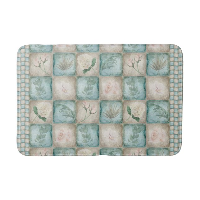 Alter botanischer Tile - Aqua und Knochen Badematte (Vorderseite)