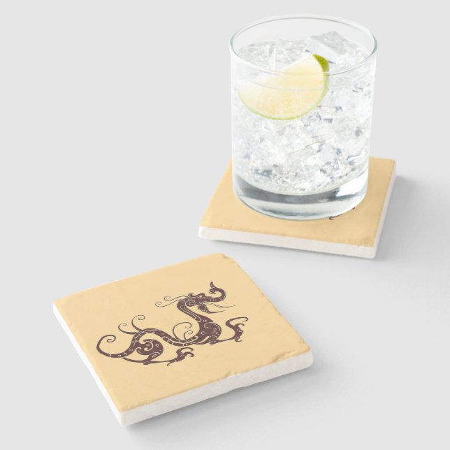 Alter brauner mystischer Drache Steinuntersetzer (Seitenansicht)