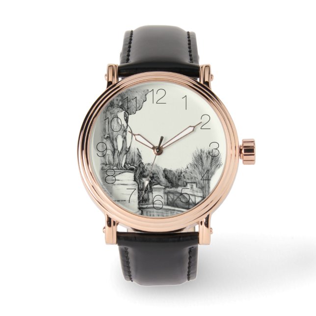 Alter Brunnen im Park mit Skulpturenjunge Armbanduhr (Vorderseite)