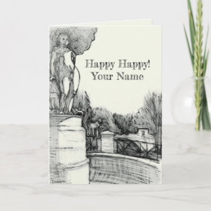 Alter Brunnen im Park mit Skulpturenjunge Karte