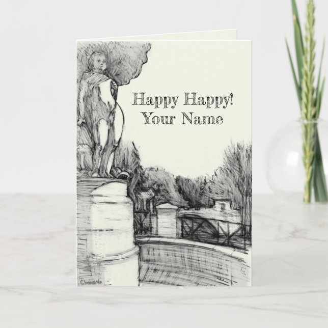 Alter Brunnen im Park mit Skulpturenjunge Karte (Vorderseite)