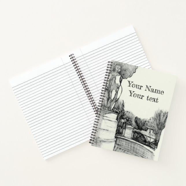 Alter Brunnen im Park mit Skulpturenjunge Notizbuch (Innenseite)