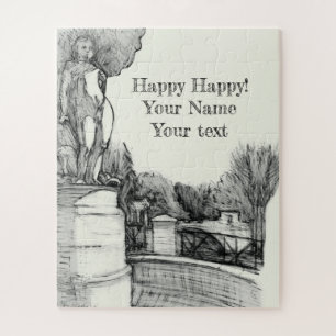 Alter Brunnen im Park mit Skulpturenjunge Puzzle