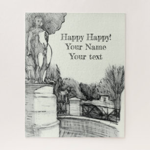 Alter Brunnen im Park mit Skulpturenjunge Puzzle