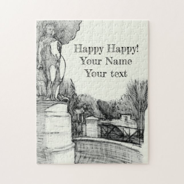 Alter Brunnen im Park mit Skulpturenjunge Puzzle (Vertikal)