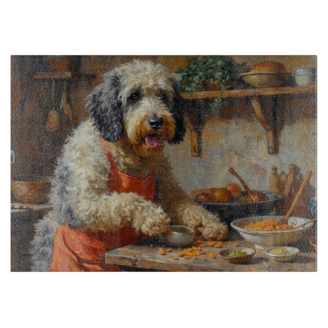 Alter Englischer Schäferhund kocht in der Küche Schneidebrett (Vorderseite)
