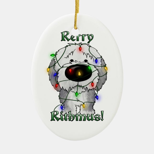 Alter englischer Schäferhund - Weihnachtslichter Keramikornament (Vorne)