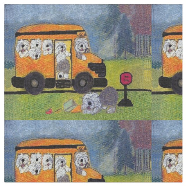 Alter englischer Schäferhund Wigglebottom Bus Stoff (Nahaufnahme)