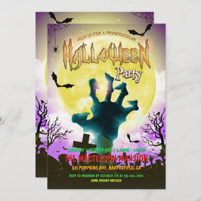 Alter Friedhof, Zombie Hand & Fleet Halloween-Part Einladung (Vorne/Hinten)