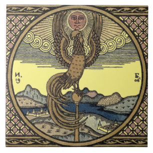 Alter Hahn kräht zur Morgensonne von Bilibin Fliese