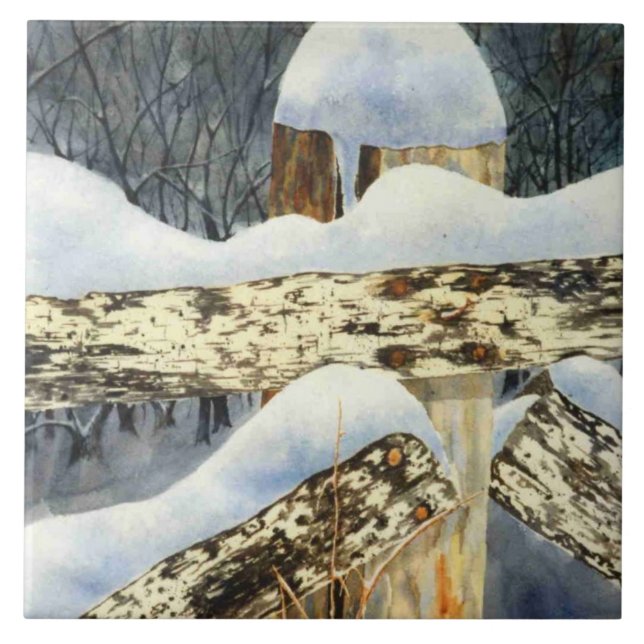 Alter hölzerner Zaunpfosten mit Schnee auf den Gip Fliese (Vorderseite)